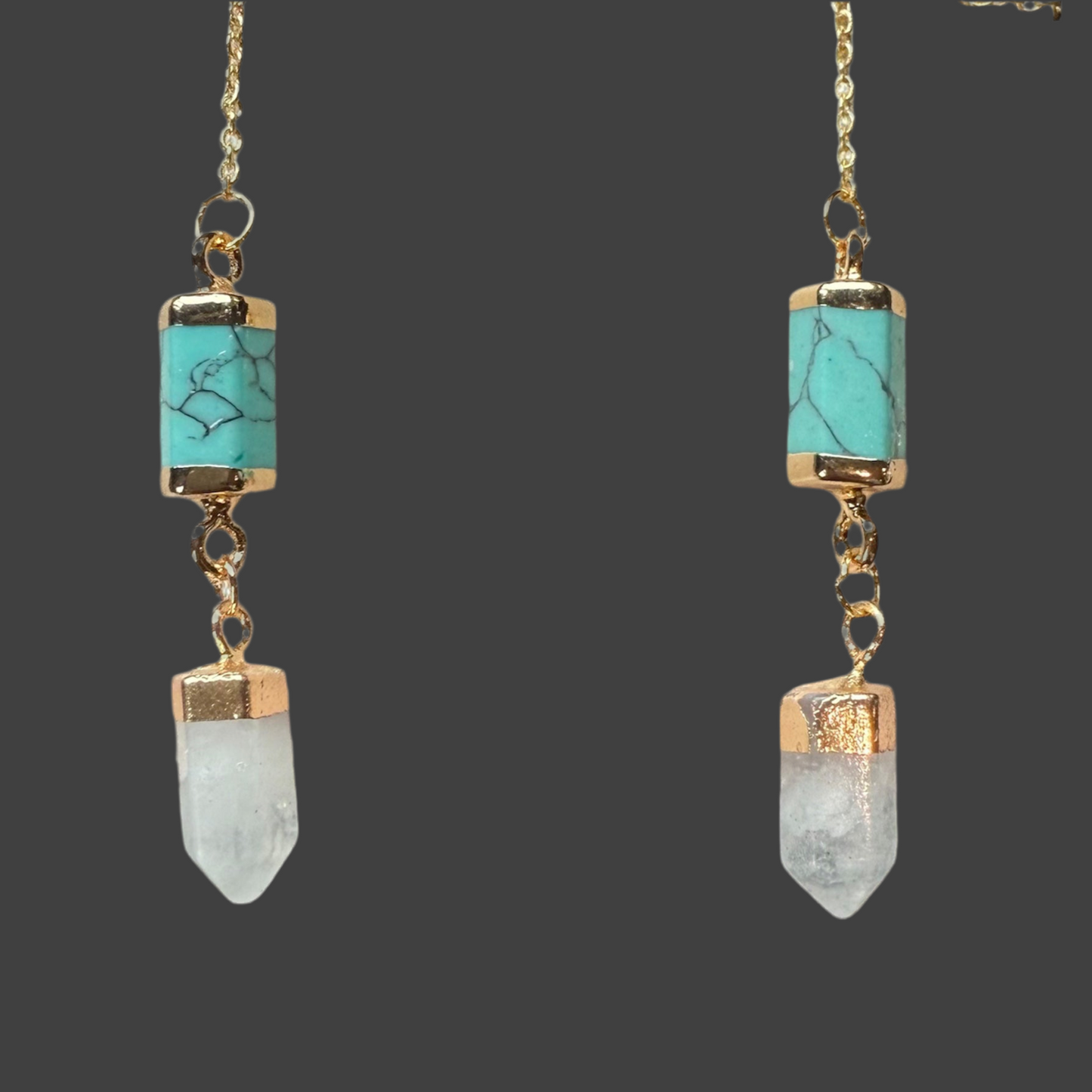 Turquoise Bar-let and Quartz Prism-Gold Ear Threads