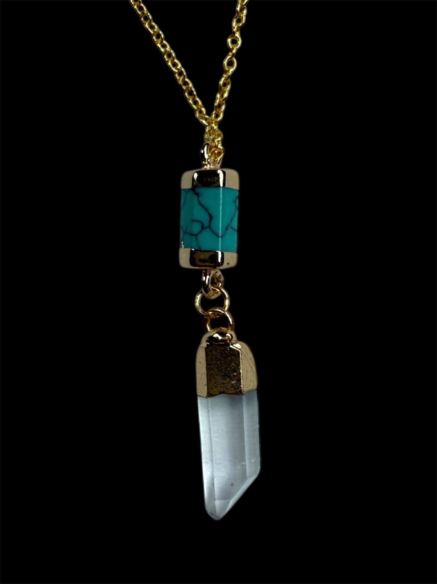Turquoise Barlet with Crystal Quartz Prism Pendant- Gold Necklace