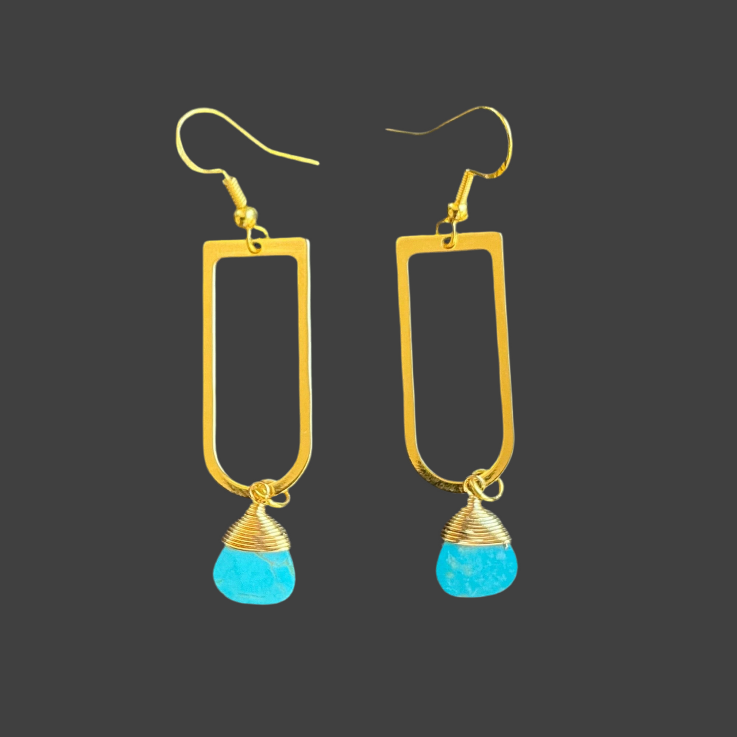 Turquoise Wire-wrapped Squoval Dangle- Gold