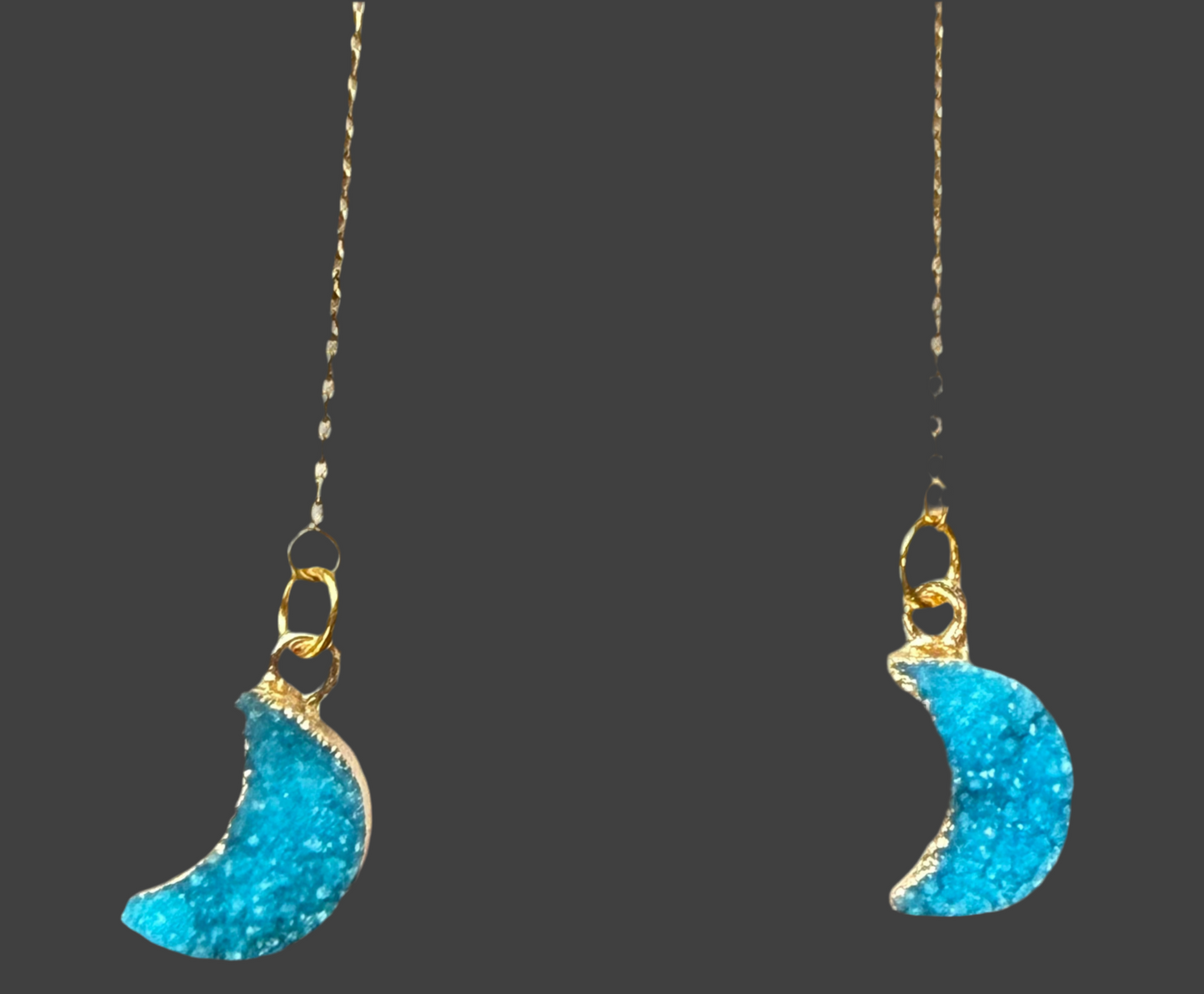 Druzy Moon Charm Teal- Gold Ear Threads