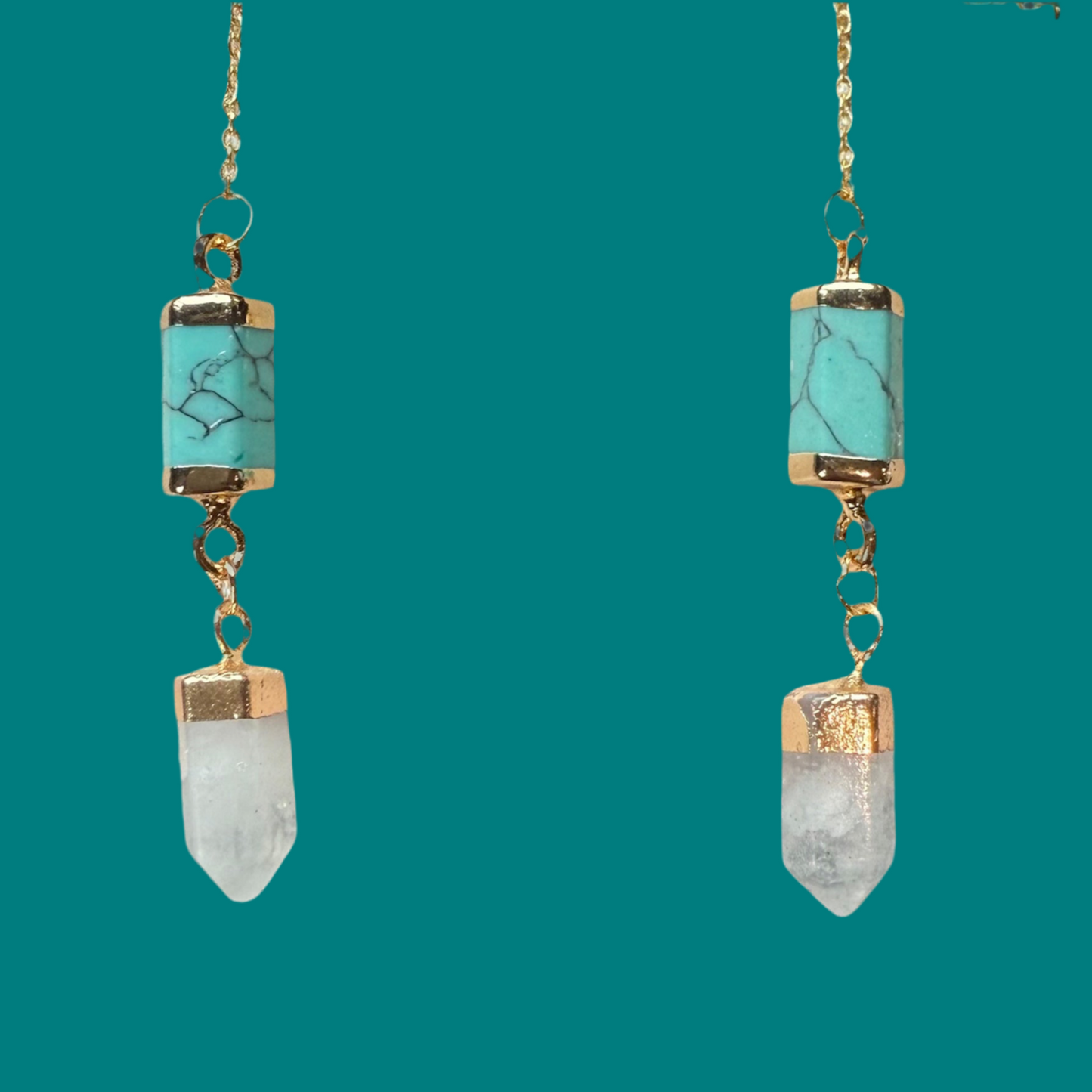 Turquoise Bar-let and Quartz Prism-Gold Ear Threads