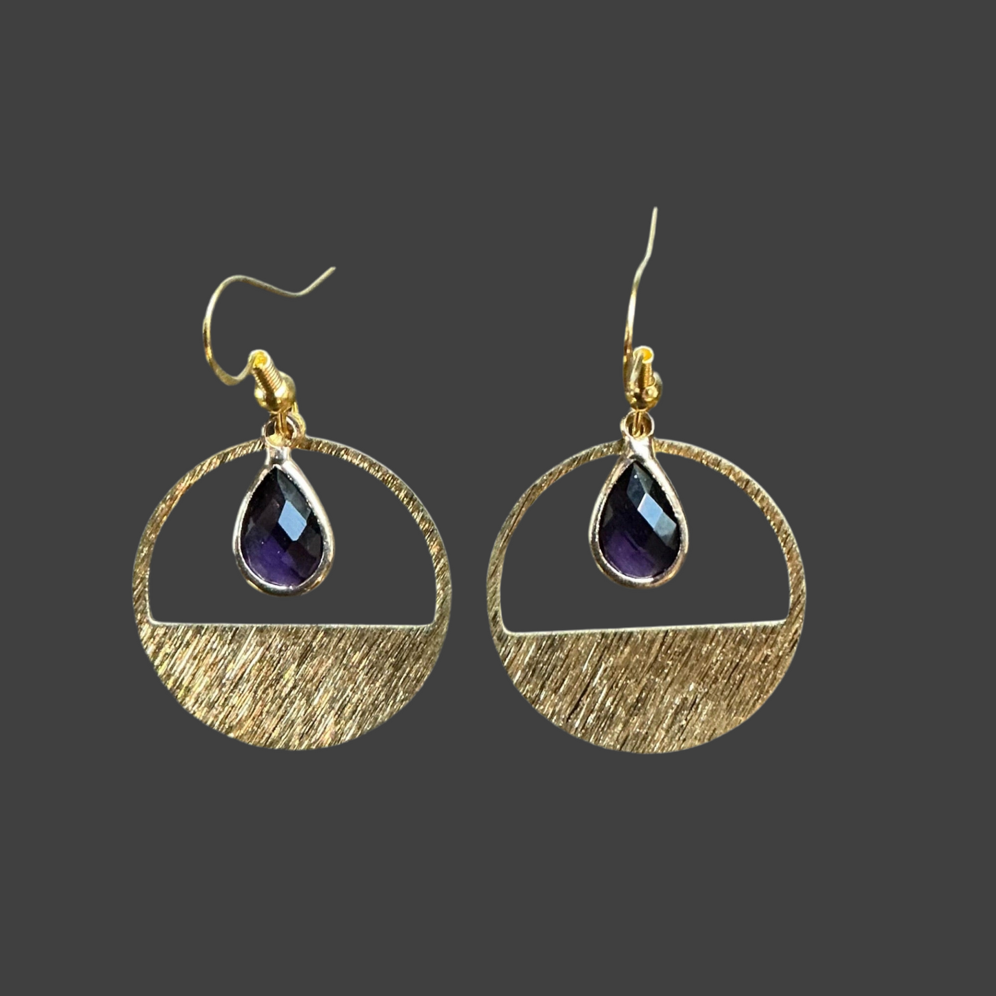 Half Circle Amethyst Crystal Teardrop Etched Hoop-Gold
