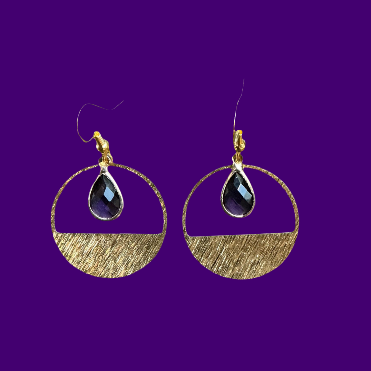 Half Circle Amethyst Crystal Teardrop Etched Hoop-Gold
