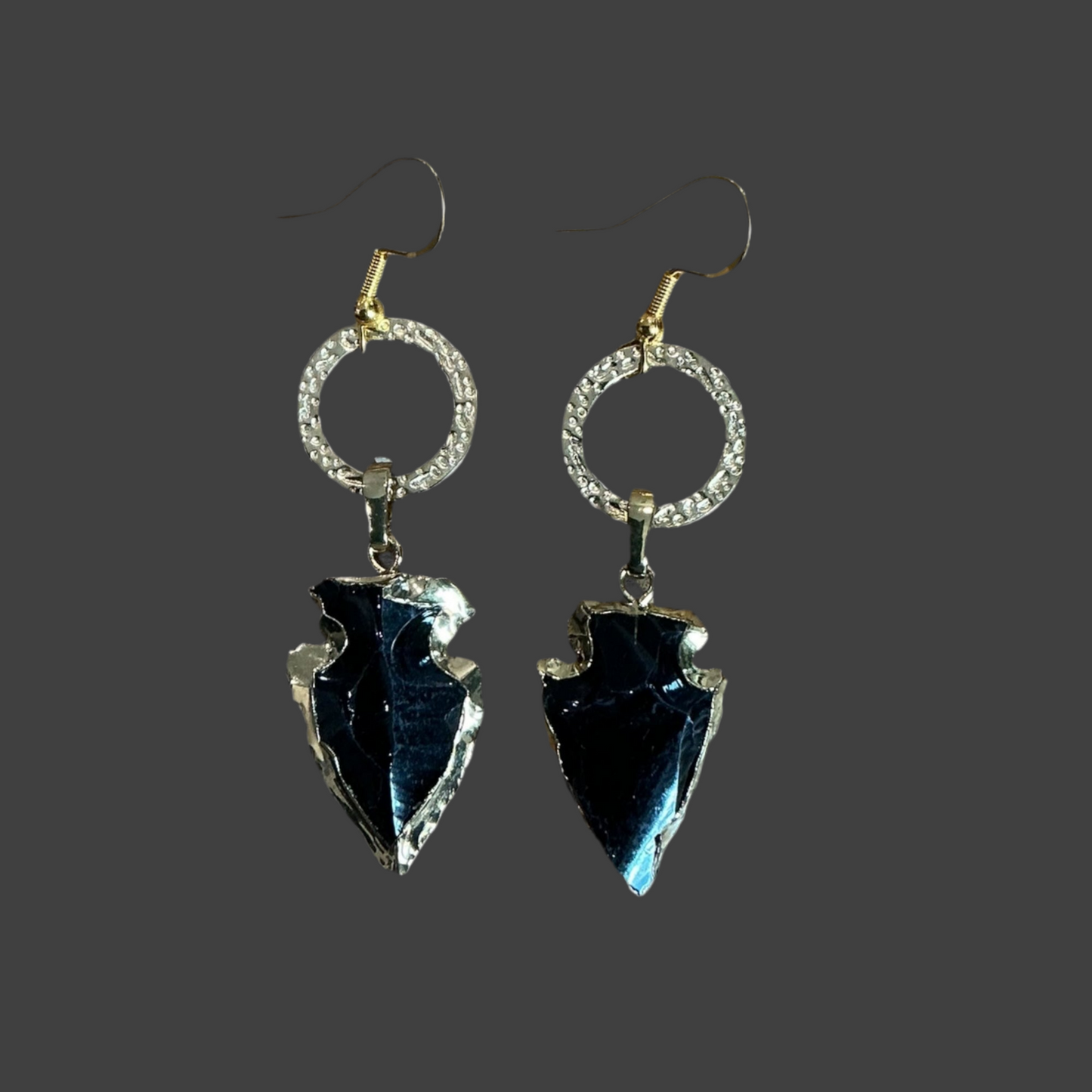 Arrowhead Black Obsidian Dangle Metal Hoop- Gold
