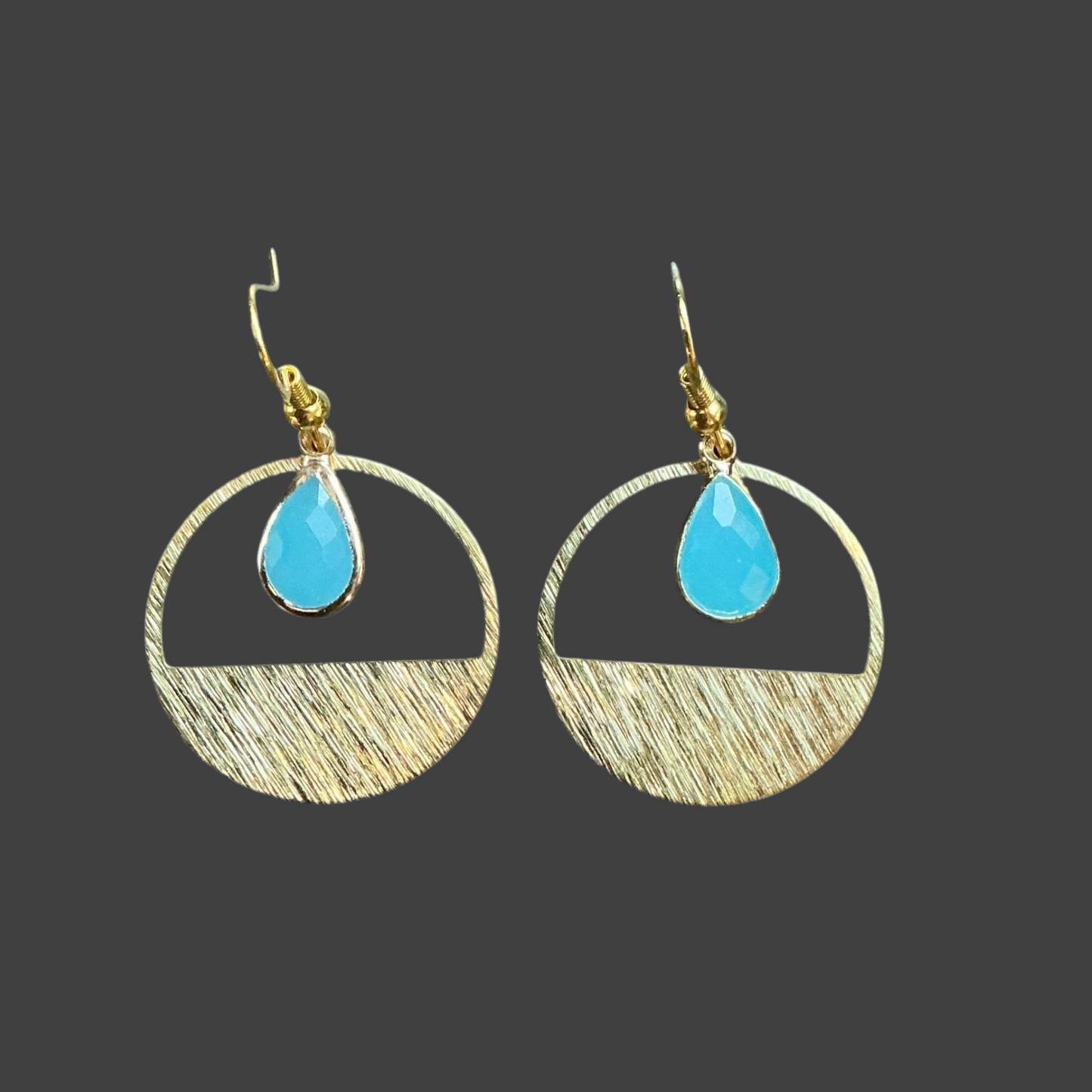 Half Circle Aqua Marine Crystal Teardrop Etched Hoop-Gold