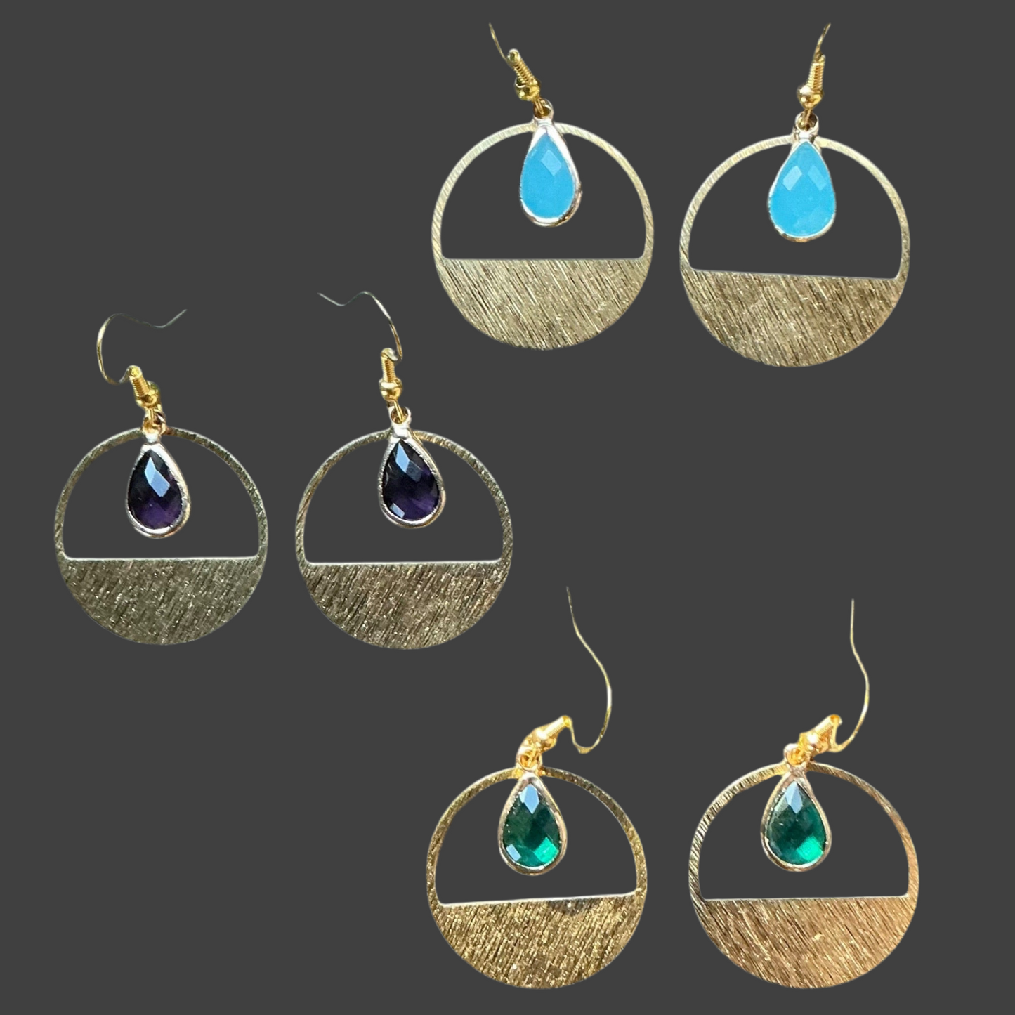 Half Circle Amethyst Crystal Teardrop Etched Hoop-Gold