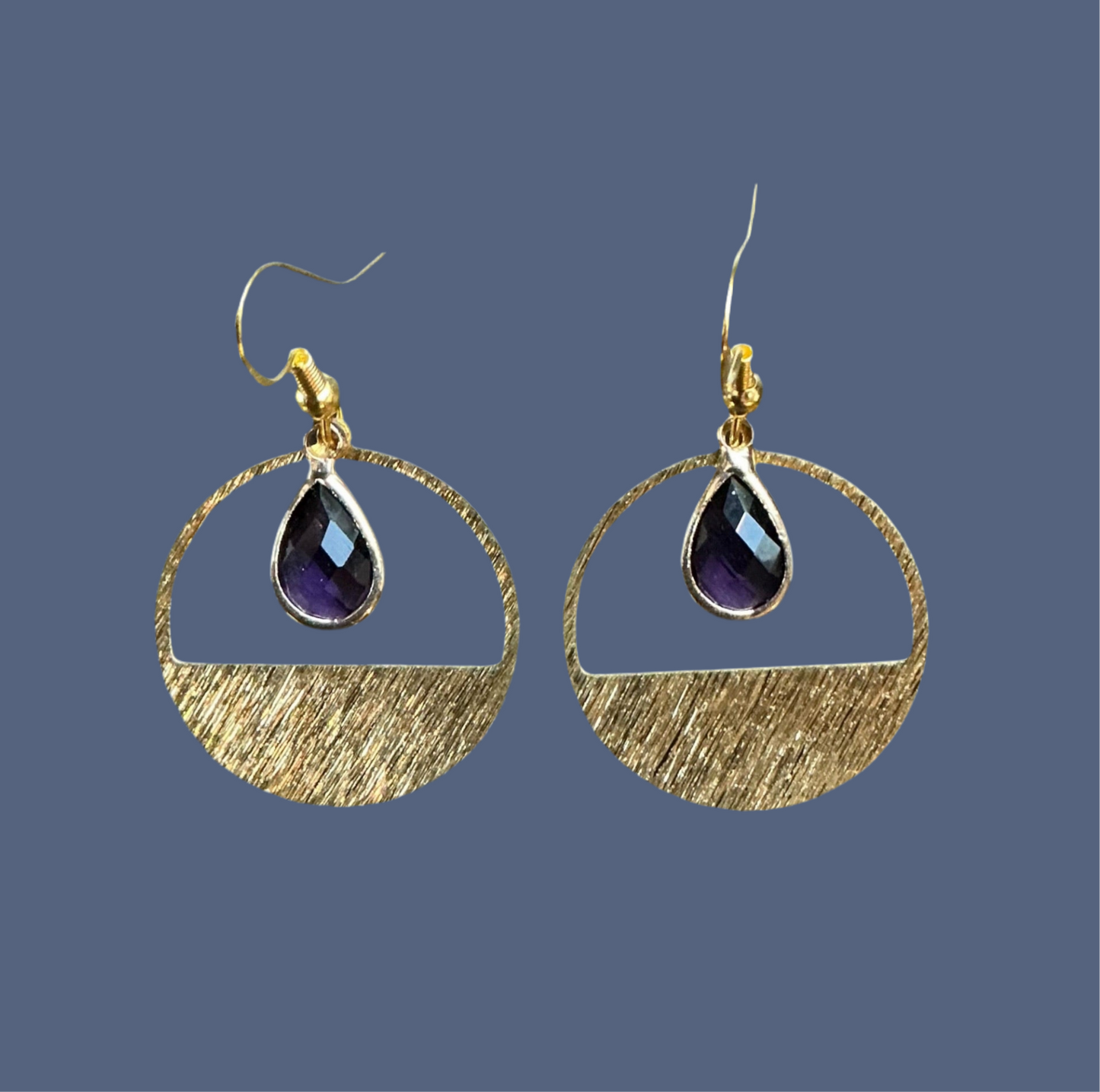 Half Circle Amethyst Crystal Teardrop Etched Hoop-Gold