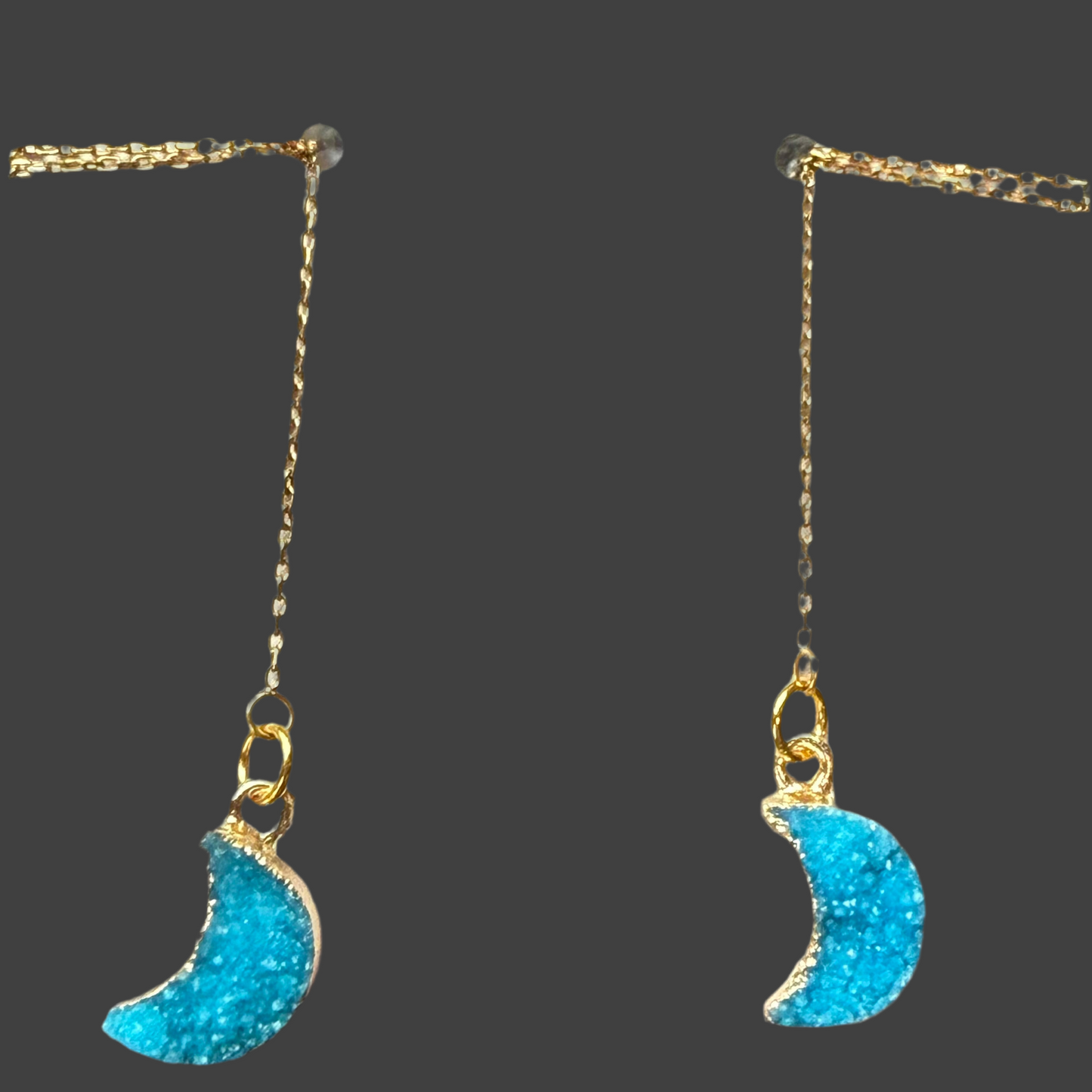 Druzy Moon Charm Teal- Gold Ear Threads