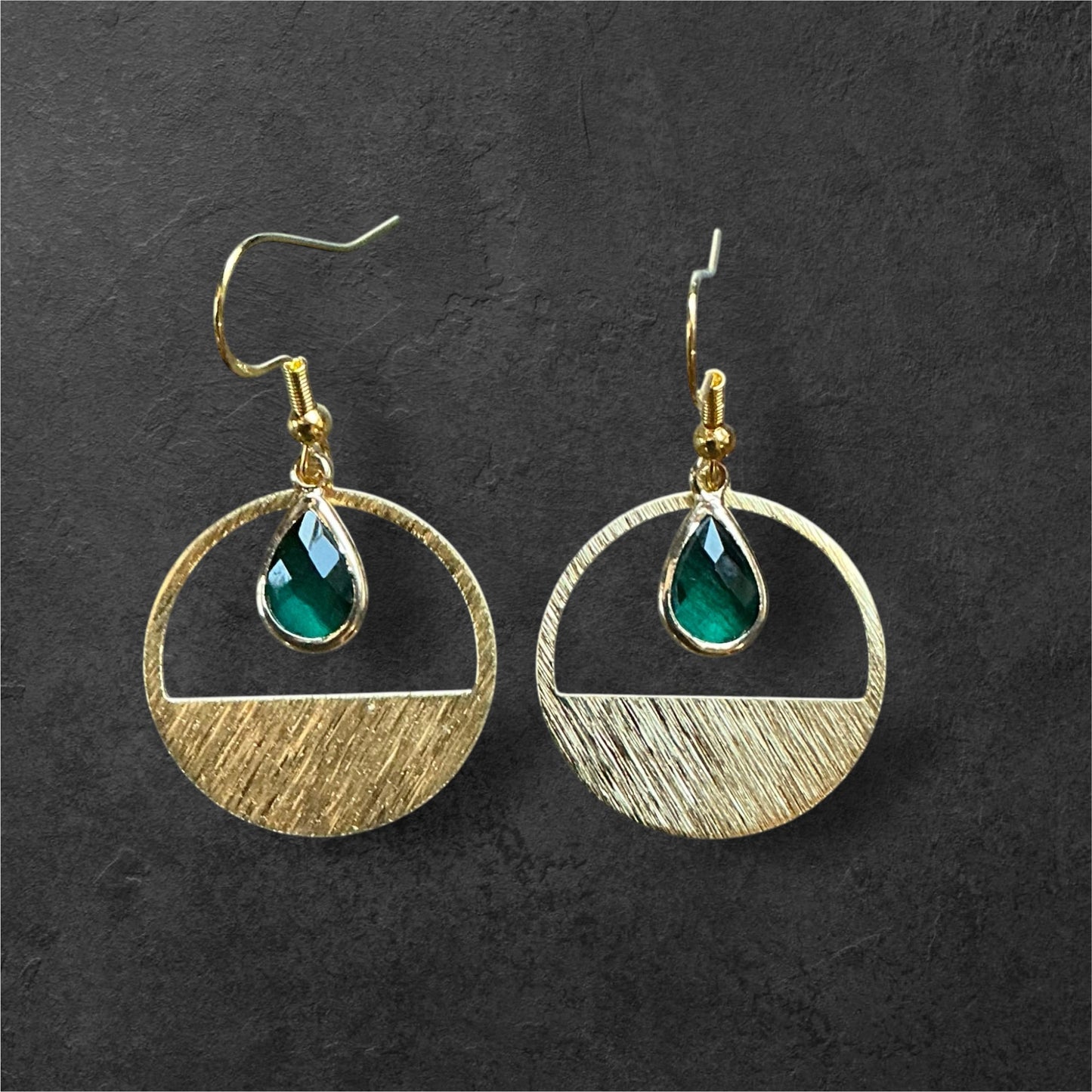 Half Circle Emerald Gemstone Etched Metal Hoops- Gold