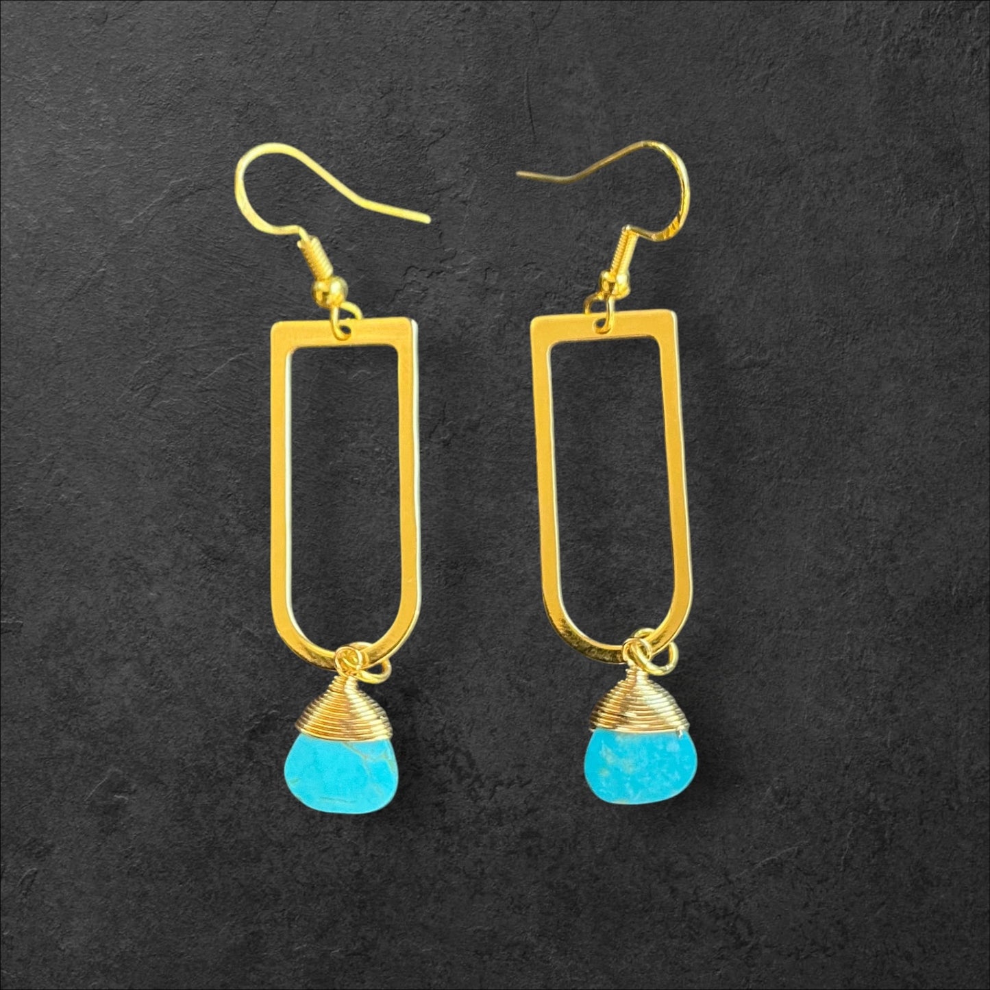 Turquoise Wire-wrapped Squoval Dangle- Gold