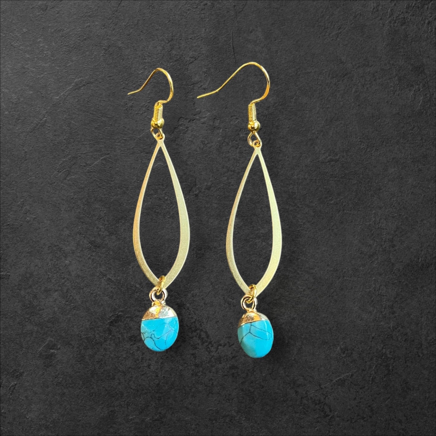 OvalTurquoise Dangle Hoop- Gold