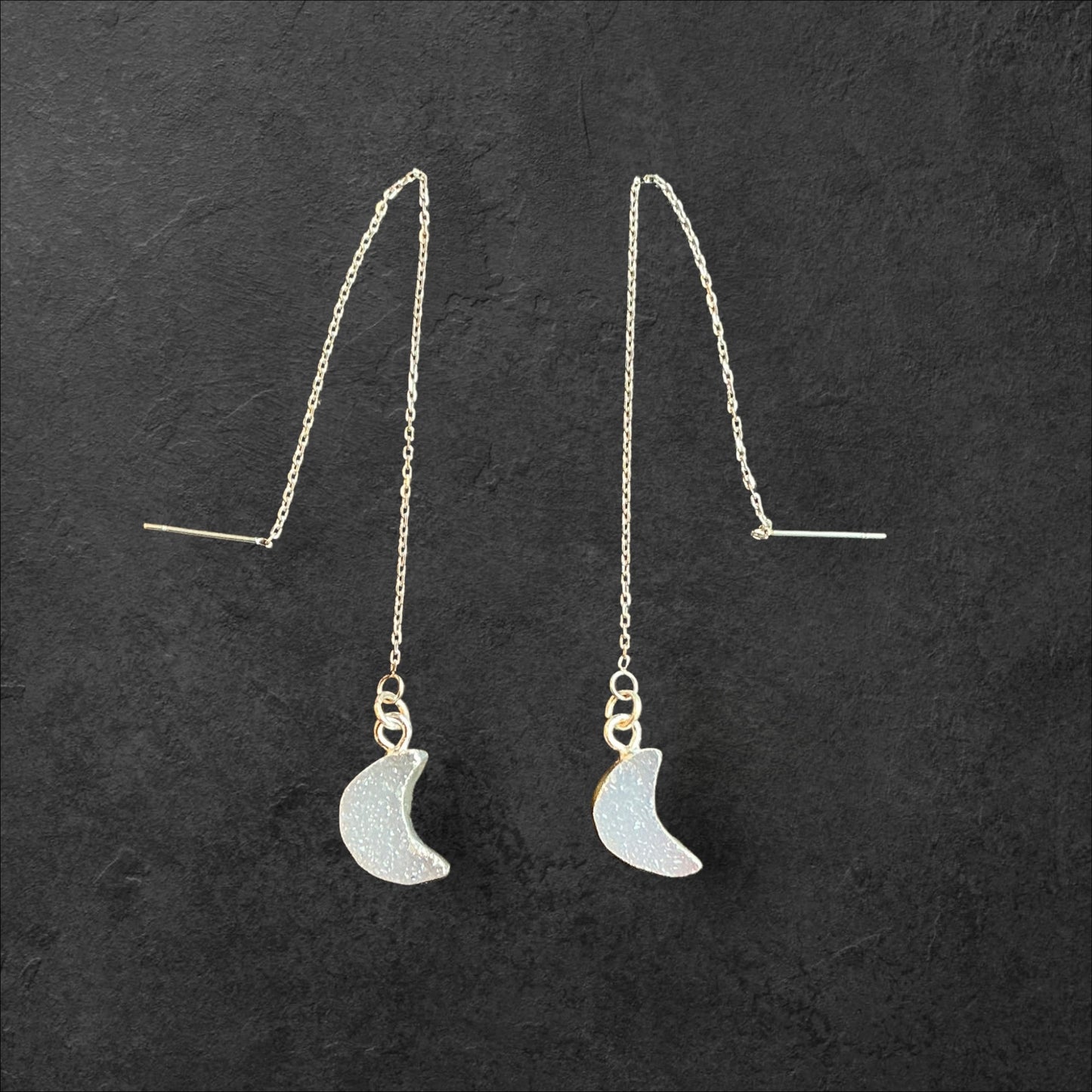 Moon Druzy Charm Ear Threads- Silver