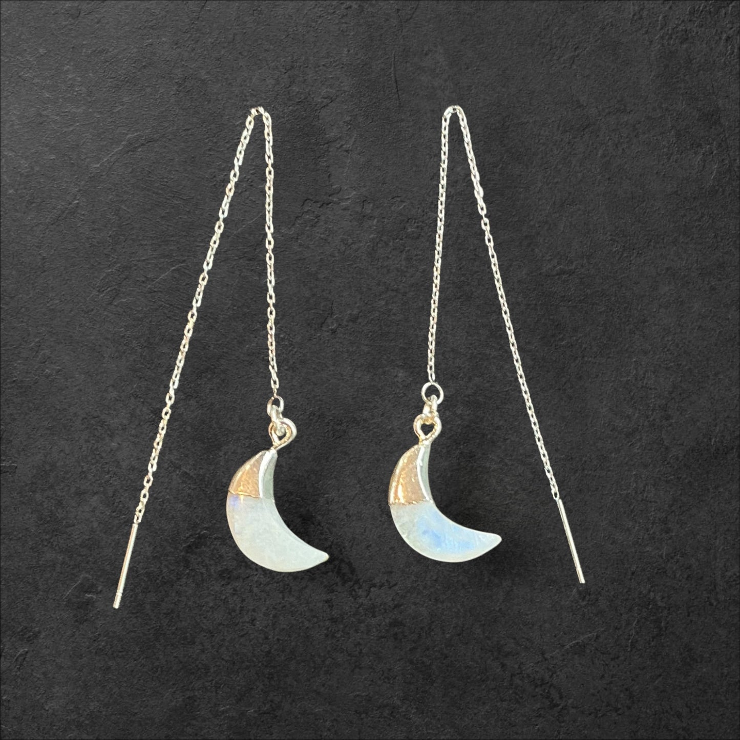 Moon Stone Moon Charm Ear Threads- Silver