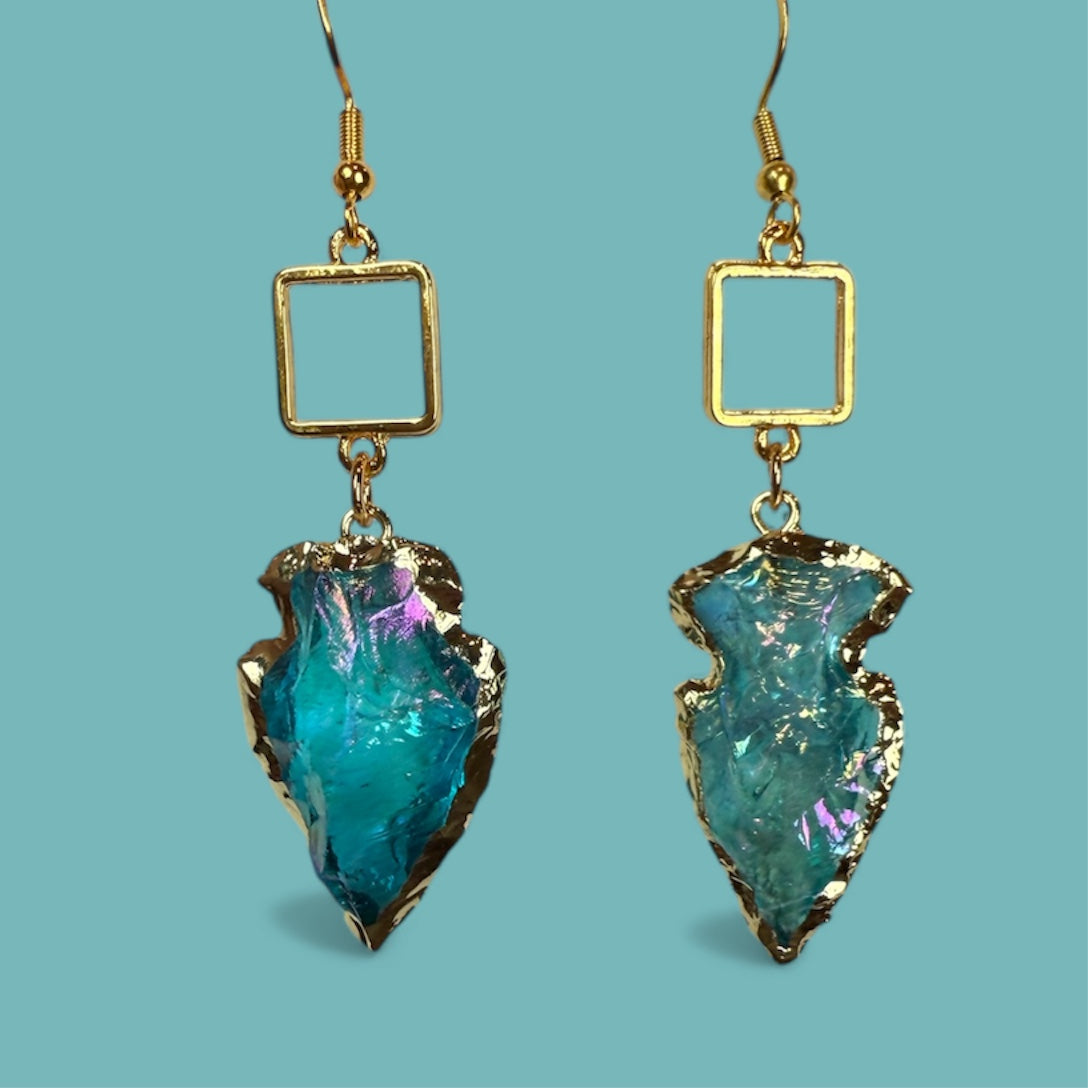 Arrowhead Teal Iridescent-Gold Square Earrings