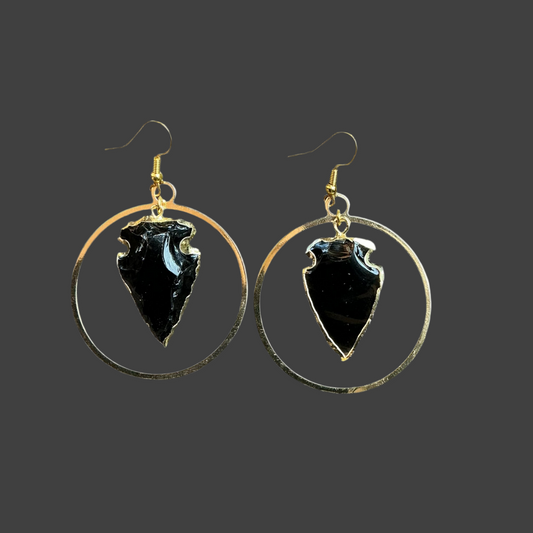 Arrowhead Black Obsidian Hoops- Large Gold