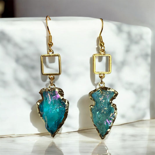Arrowhead Teal Iridescent-Gold Square Earrings