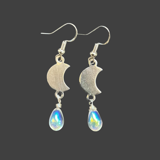 Moon Charm Glass Iridescent Teardrop Dangle-Silver