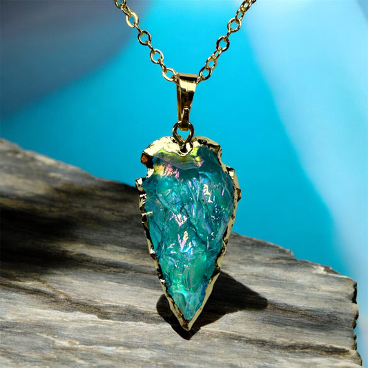 Arrowhead Teal Iridescent Glass-Gold Necklace