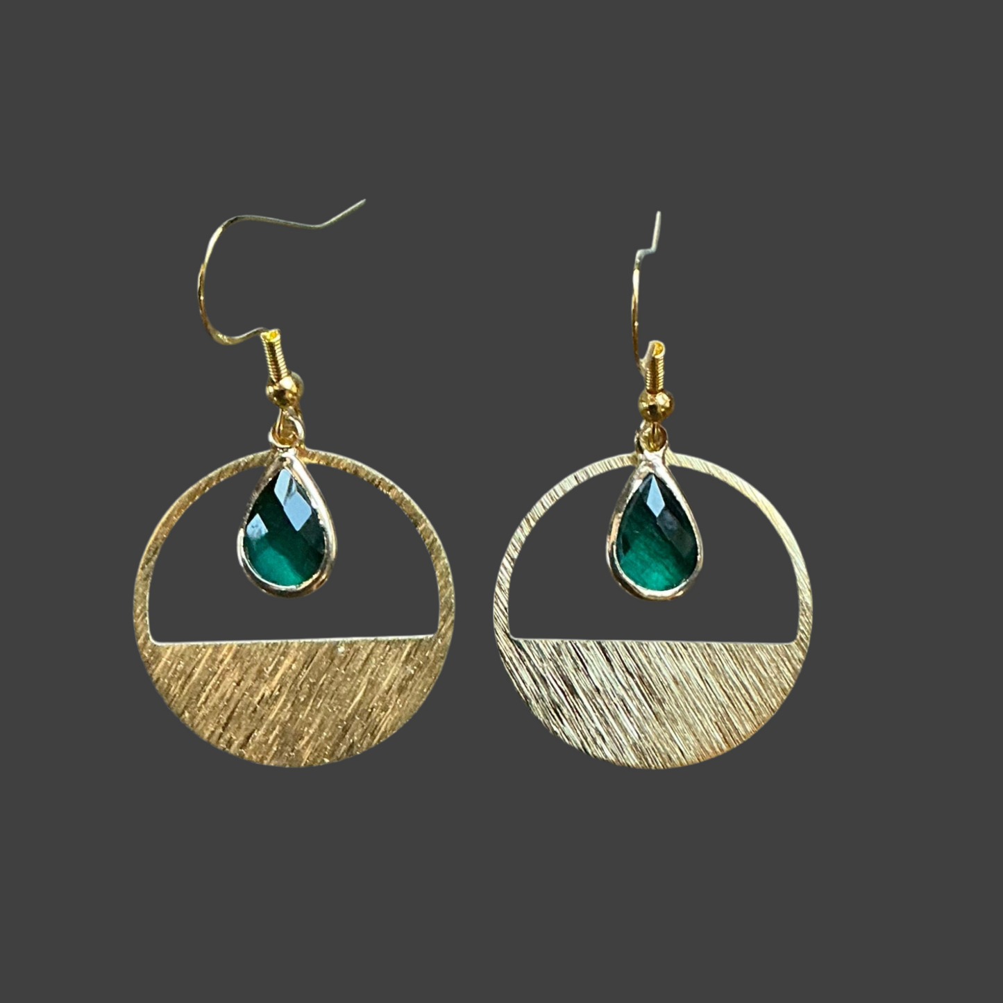 Half Circle Emerald Gemstone Etched Metal Hoops- Gold