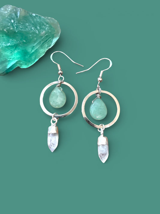 Aqua Marine Tear Drop Gemstones with Moonstone Prisms on Silver Hoop
