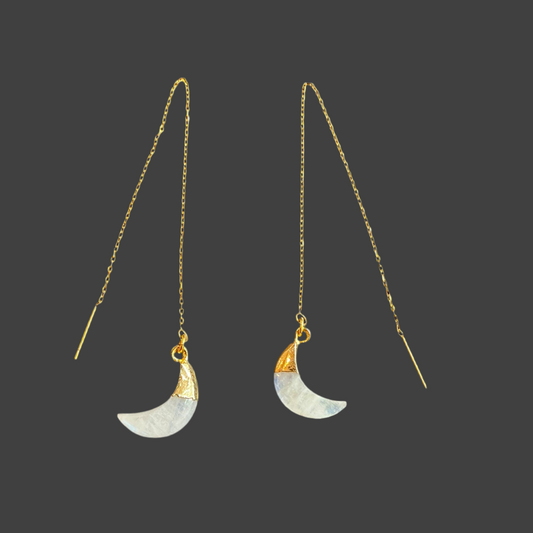Moon Stone Moon Charm Ear Threads- Gold
