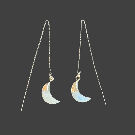 Moon Stone Moon Charm Ear Threads- Silver