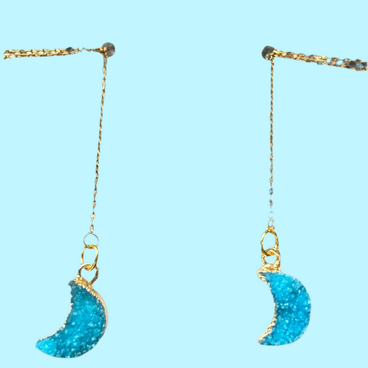 Druzy Moon Charm Teal- Gold Ear Threads