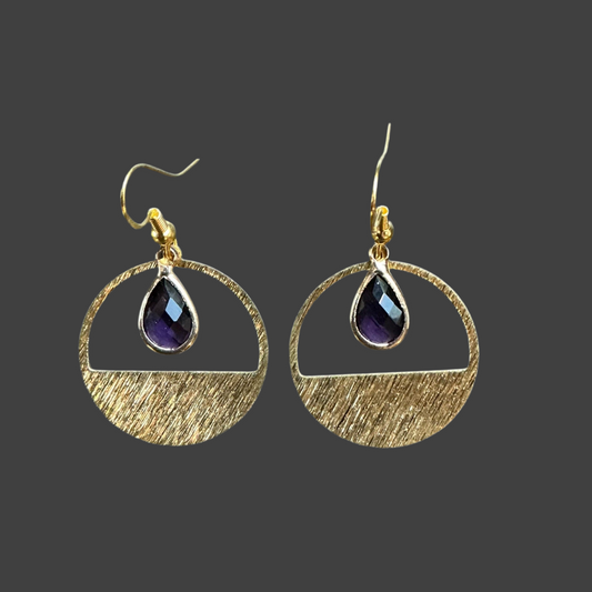 Half Circle Amethyst Crystal Teardrop Etched Hoop-Gold