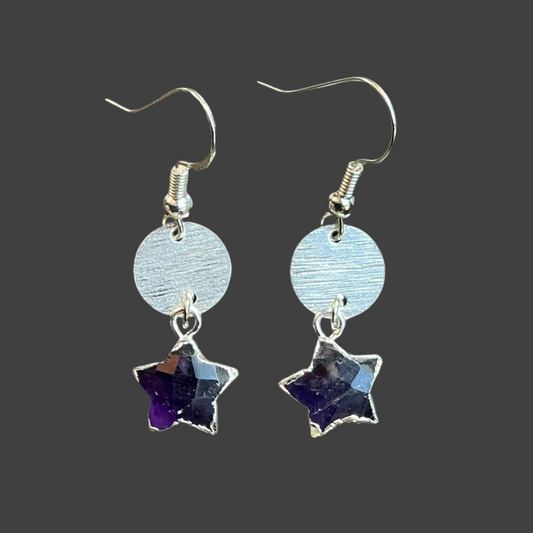 Star Charm Amethyst Etched Circle- Silver