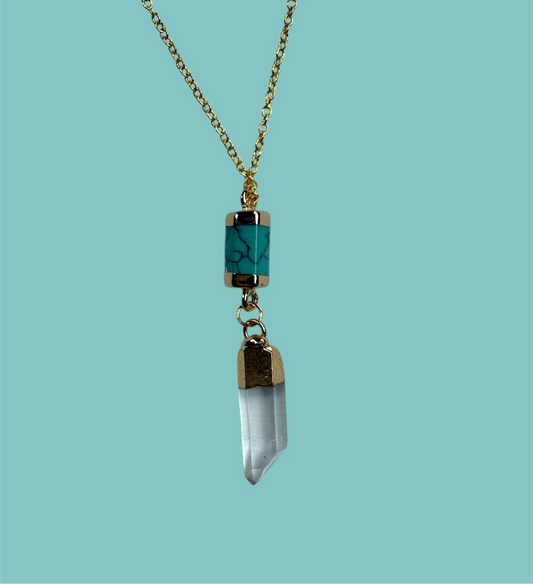 Turquoise Barlet with Crystal Quartz Prism Pendant- Gold Necklace