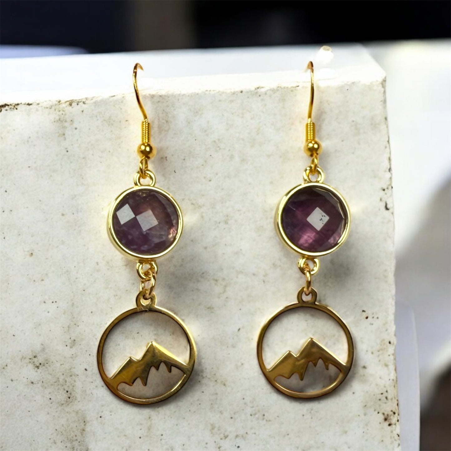 Mountain Hoop Small Amythest Rose Cut- Gold