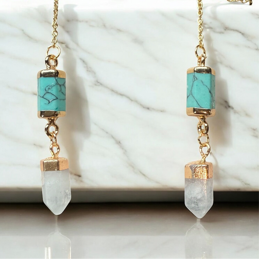 Turquoise Bar-let and Quartz Prism-Gold  Ear Threads