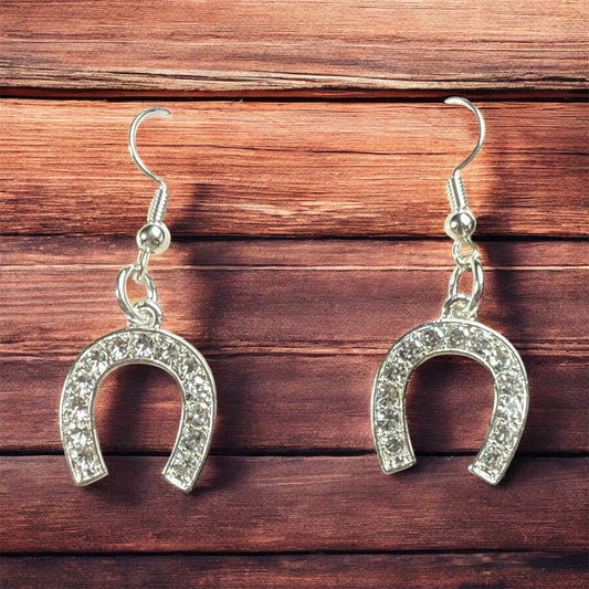 Rhinestone Horseshoe Charm-Silver Earrings