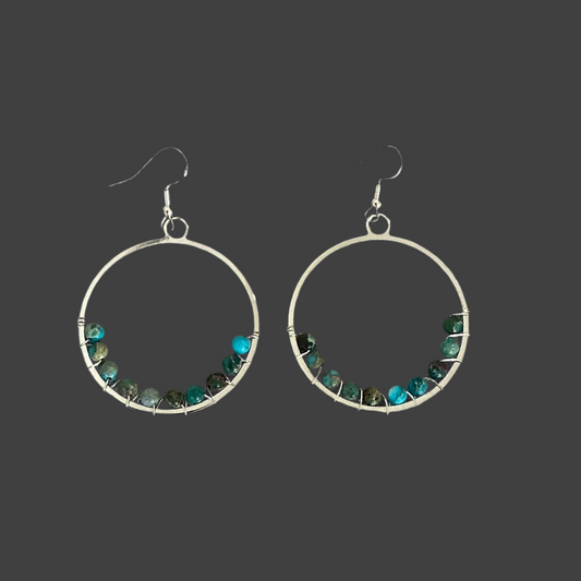 Wire-wrapped Turqoiuse Hoops- Large Silver