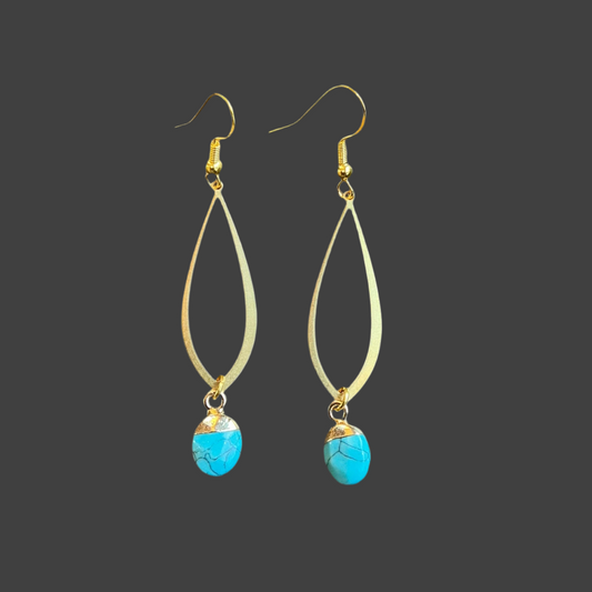 OvalTurquoise Dangle Hoop- Gold
