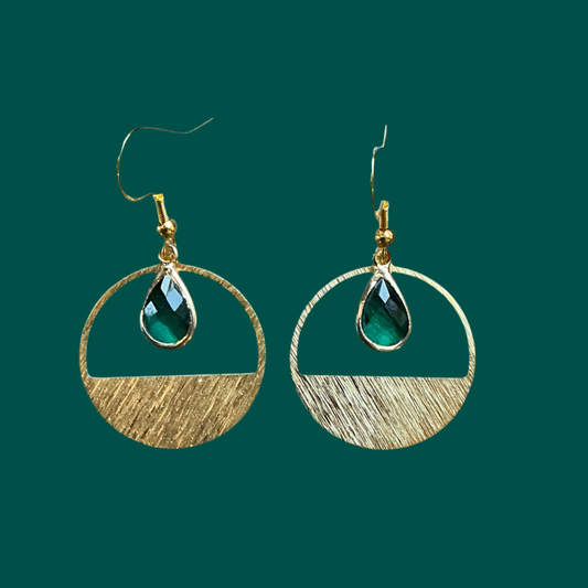 Half Circle Emerald Gemstone Etched Metal Hoops- Gold