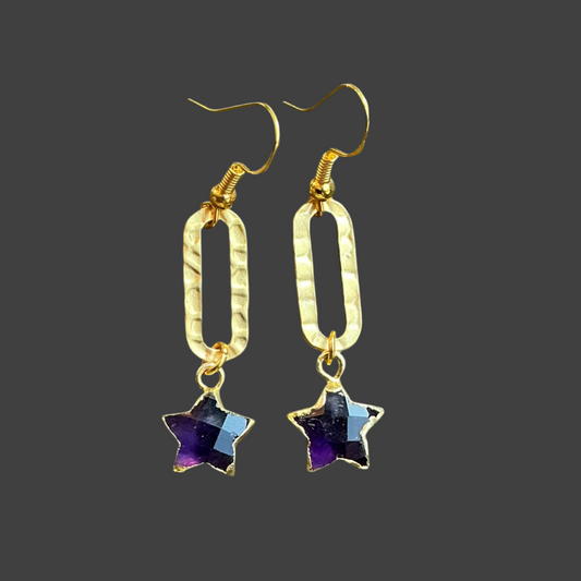 Star Charm Amethyst Hammered Oval- Gold