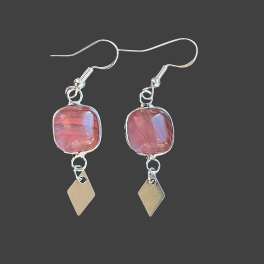 Glass Bezel Pink Dangle- Silver