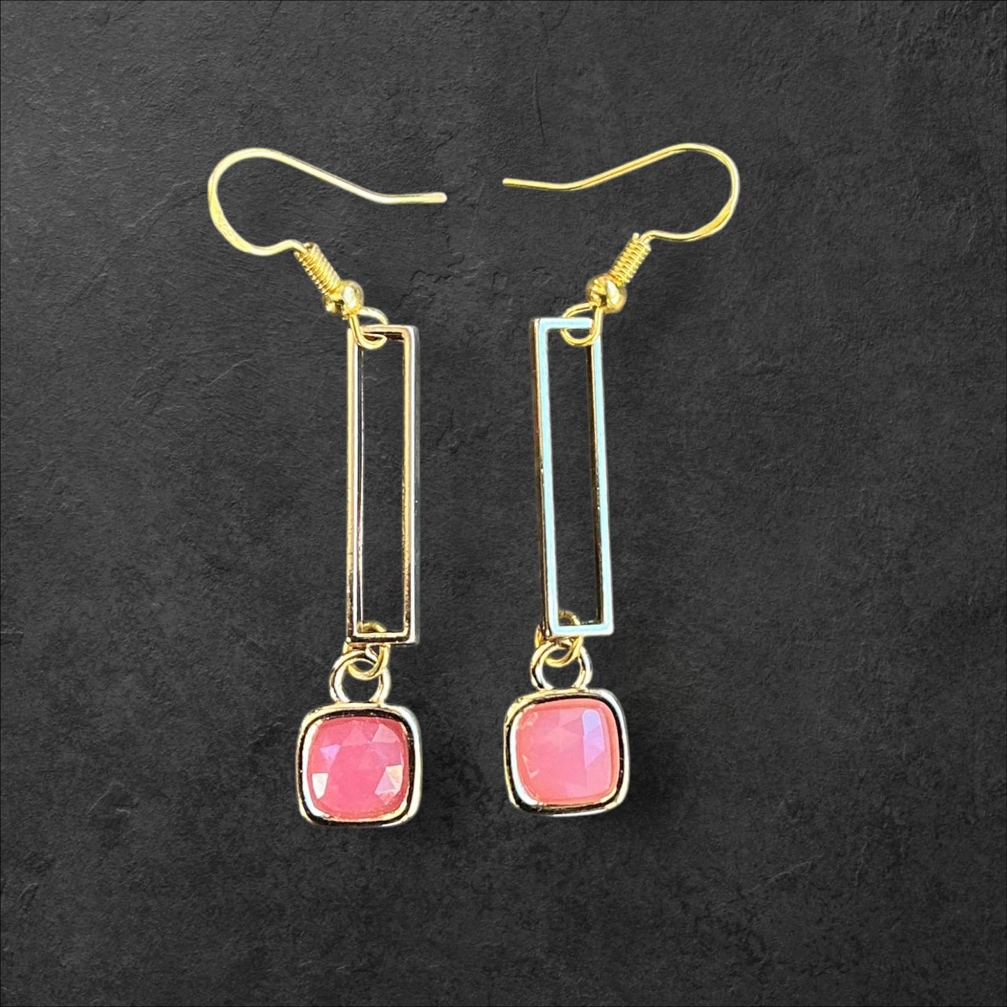 Rectangle Dangle Pink Quartz Square Gem- Gold