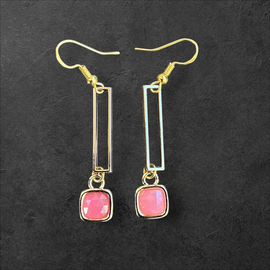 Rectangle Dangle Pink Quartz Square Gem- Gold