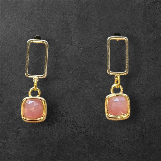 Rectangle Stud Rose Quartz Square Gem- Gold