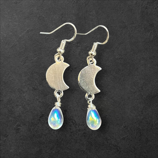 Moon Charm Glass Iridescent Teardrop Dangle-Silver