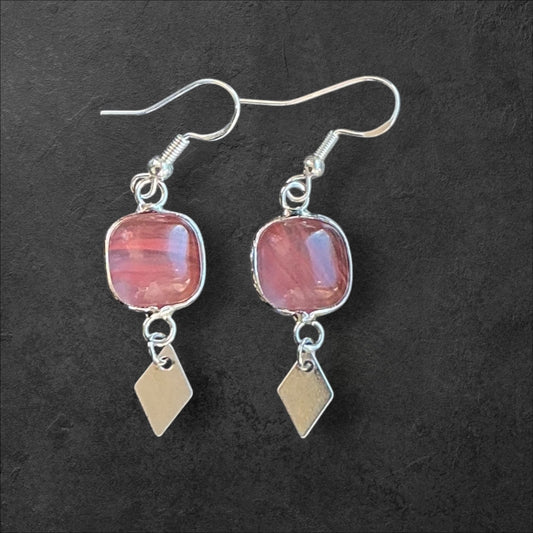 Glass Bezel Pink Dangle- Silver