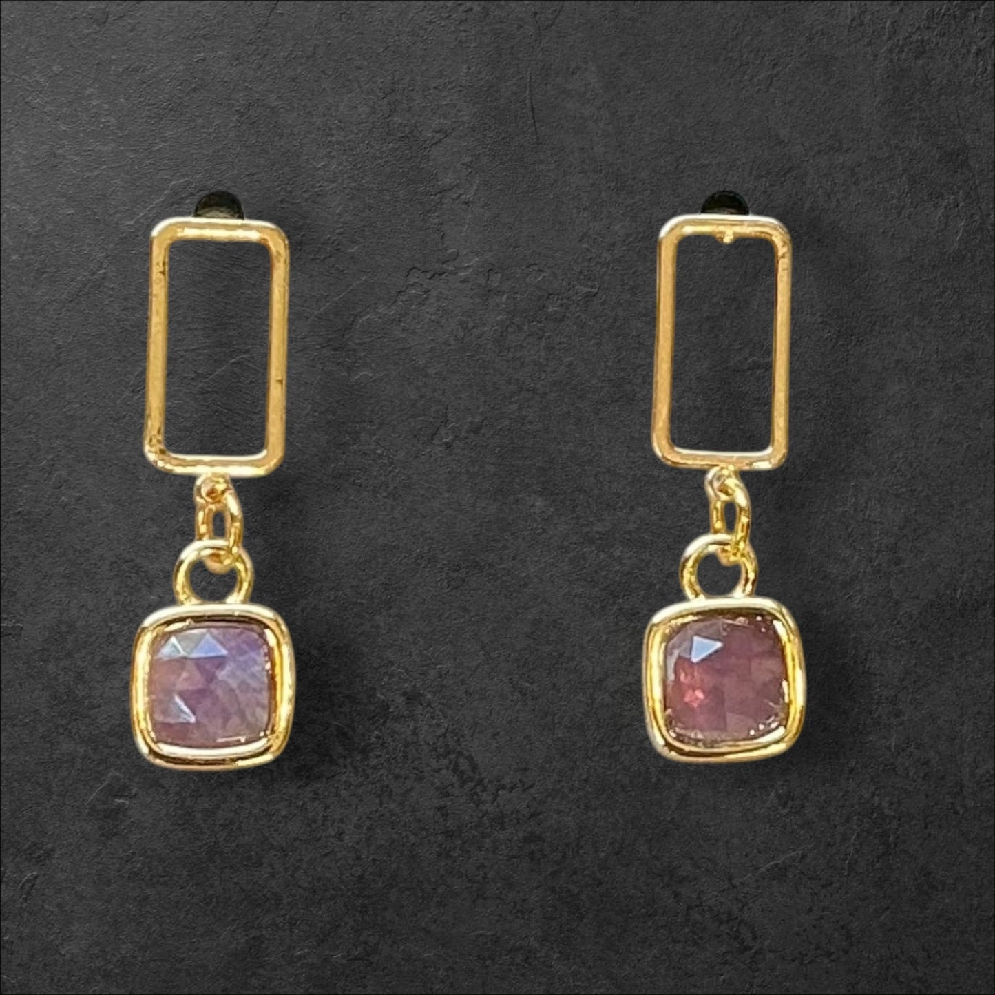 Rectangle Stud Amethyst Square Gem- Gold