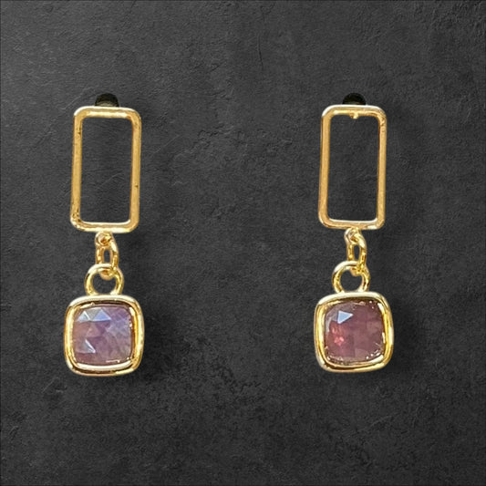 Rectangle Stud Amethyst Square Gem- Gold