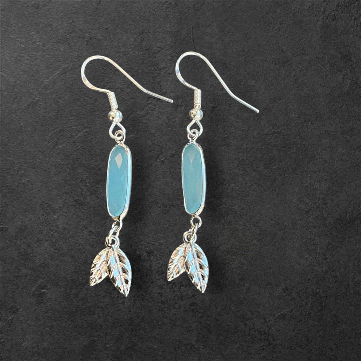 Glass Bezel Blue Dangle Leaf- Silver