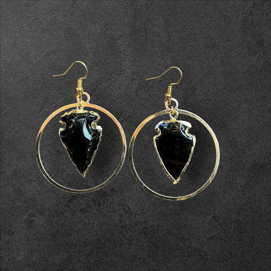 Arrowhead Black Obsidian Hoops- Large Gold