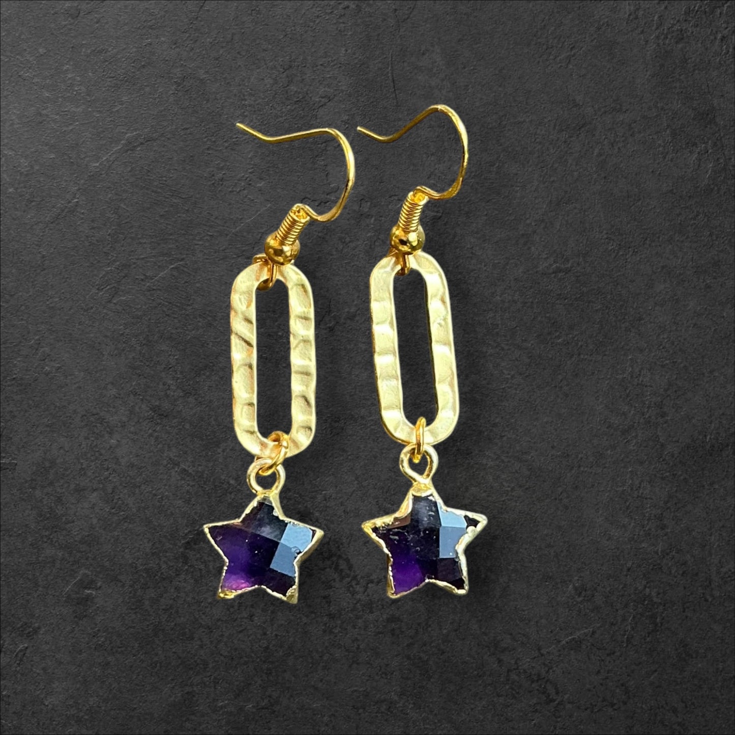 Star Charm Amethyst Hammered Oval- Gold