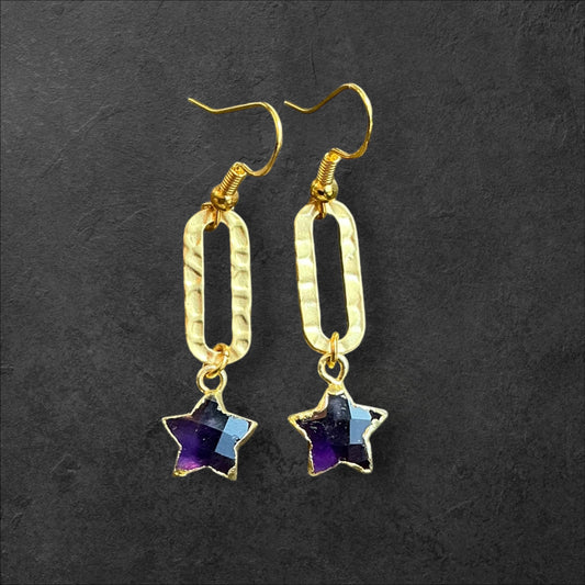 Star Charm Amethyst Hammered Oval- Gold