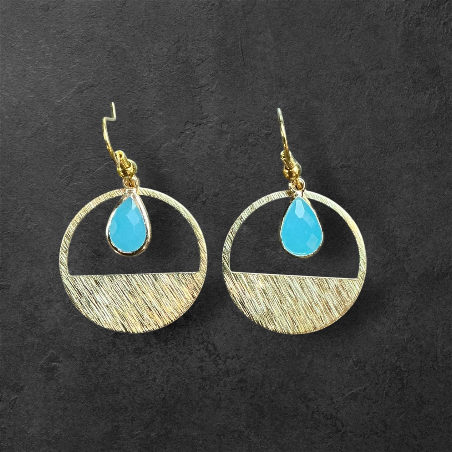 Half Circle Turquoise Crystal Teardrop Etched Hoop-Gold